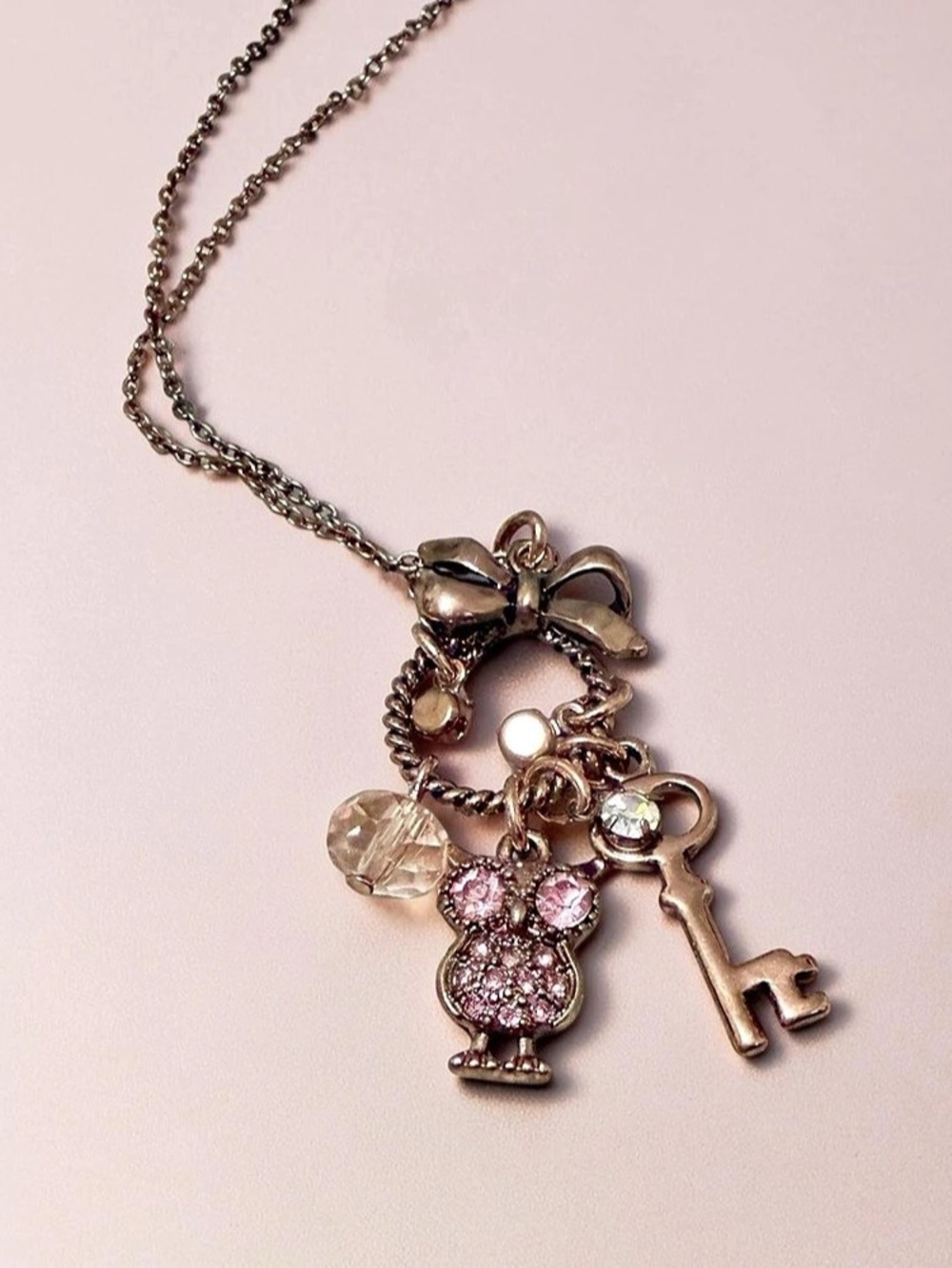 Betsey Johnson Rose Gold Tone Pink Owl Key & Bow Charm Necklace